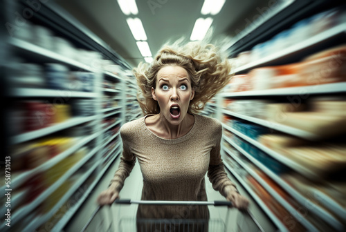 Gestresste Frau beim Einkauf im Supermarkt - Generative AI photo