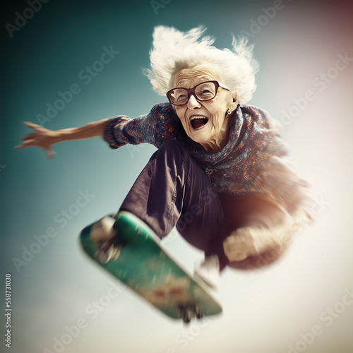 Foto Alte Frau beim Sprung mit dem Skateboard - Generative AI