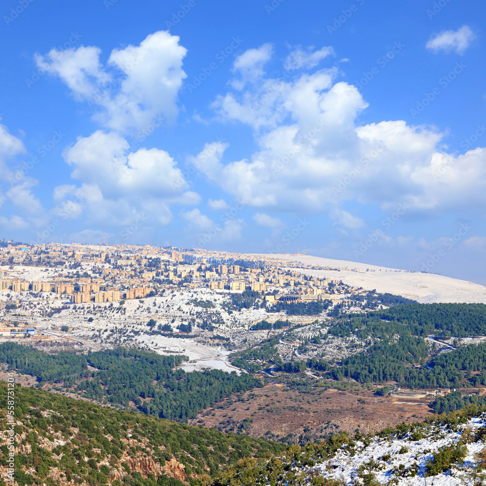 Winter in Israel. Safed city covered with snow in the north of Israel