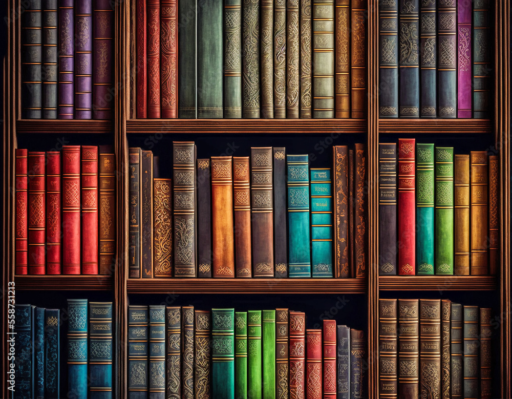 Bookshalfe with collection of book, wallpaper or background Stock