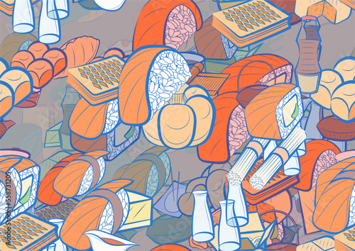 Background pattern abstract design texture. Seamless. Bakery products and Japanese food. Theme is about spicy, wok, common, piece, sushi-roll, divided, twist, sushi salmon, bakery, strudel