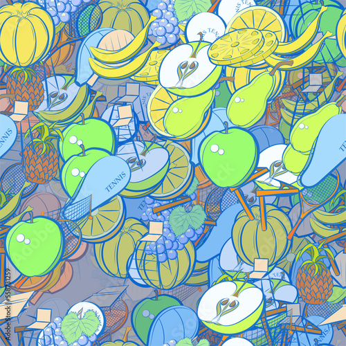 Background pattern abstract design texture. Seamless. Tennis and Fruits. Theme is about bunch, cut, netting, bananas, chair, racket, fetus, Apple, half, leaflet, ping-pong, incision, mini-tennis