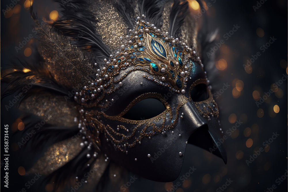 venetian carnival mask with feathers, generative ai.
