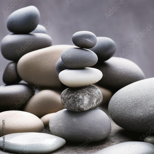 Several balanced towers of stacked stones on gray background. Calm  zen and meditation. Generative AI