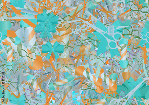 Background pattern abstract design texture. Seamless. Theme is about ribbons, hairdressing, salon, shaving, decoration, scissors, comb, barbershop, dressing, embellishment, straight razor