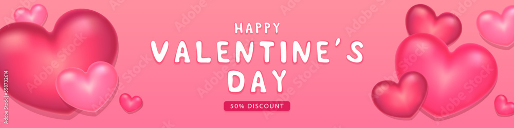 Valentine's day sale poster or banner background with stylized hearts, pink color shades. Vector illustration. Flyers, invitations or brochures. 50% discount