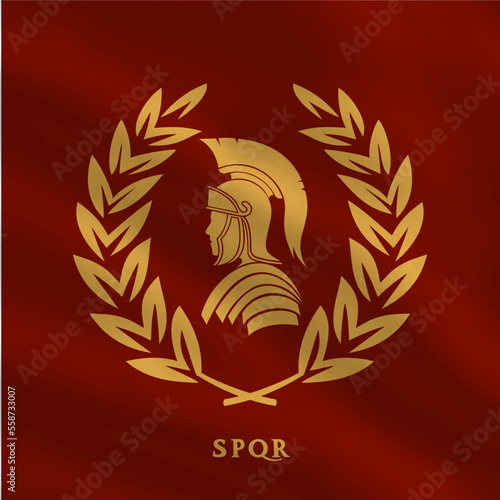 symbol of a roman warrior on a red flag in gold