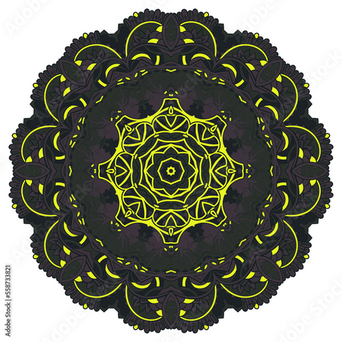 Mandala. Tracery wheel image. Mehndi design. Dark toxic colors. Ethnic doodle art. Curved doodling picture. Vector