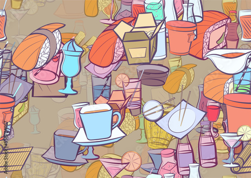 Background pattern abstract design texture. Seamless. Japanese food and Drinks. Theme is about cardboard, lemon, food delivery, kvass, wok, citrus, cocktail, bottles, Cup, hot drink, bottle