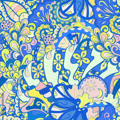 Tracery seamless pattern. Mehndi design. Ethnic doodle texture. Curved doodling background. Vector