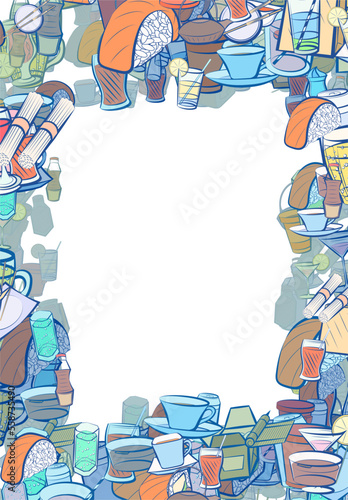 Background pattern abstract design texture. Japanese food and Drinks. Border frame, transparent background. Theme is about figured glass, drinking tube, alcohol, kvass, lemon, cream, sauce cup