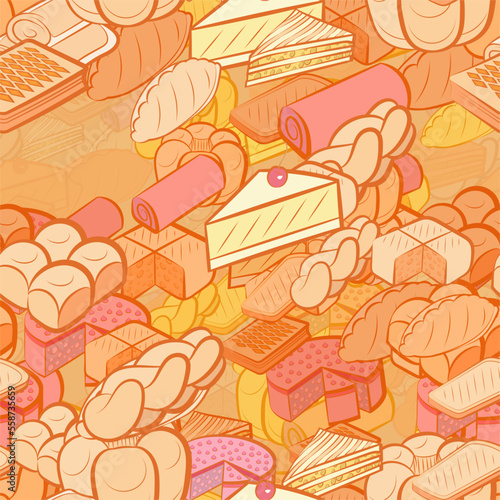 Background pattern abstract design texture. Seamless. Bakery products. Theme is about bread, sandwich, baklava, cherry, dissected, a sandwich, divided, cheese, sennit, cake, mini buns, 