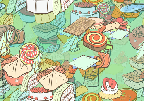 Background pattern abstract design texture. Seamless. Snacks and Table setting. Theme is about loaf, sweetness, covered, dough, marshmallows, stick, squares, caramel, napkin holder, lettuce leaf