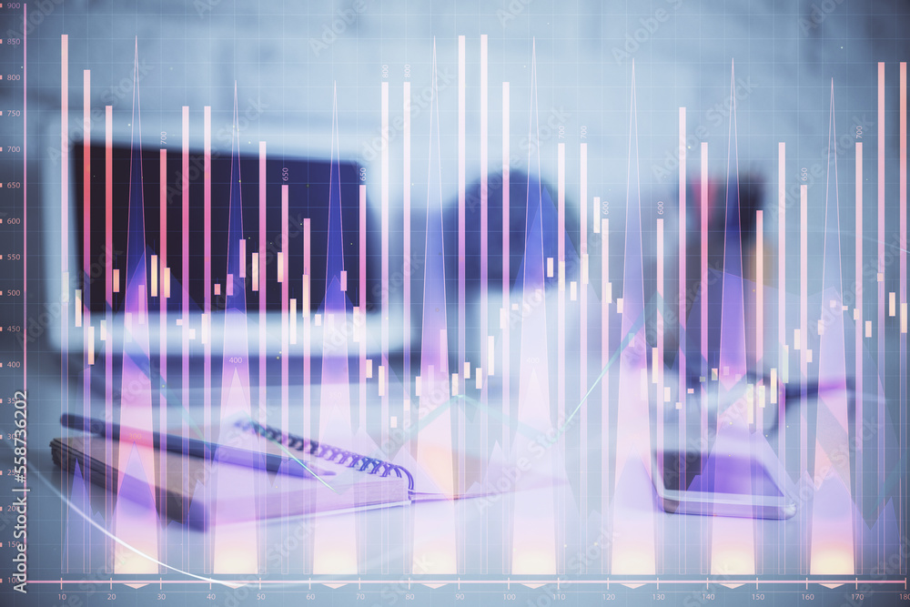 Stock market graph on background with desk and personal computer. Double exposure. Concept of financial analysis. Stock market graph on background with desk and personal computer. Double exposure. Concept of financial analysis.