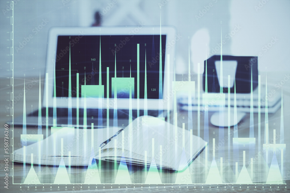Stock market graph on background with desk and personal computer. Double exposure. Concept of financial analysis. Stock market graph on background with desk and personal computer. Double exposure. Concept of financial analysis.