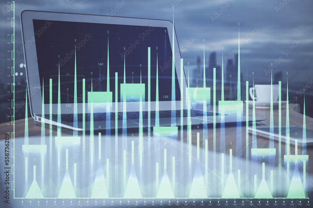 Stock market graph on background with desk and personal computer. Double exposure. Concept of financial analysis. Stock market graph on background with desk and personal computer. Double exposure. Concept of financial analysis.