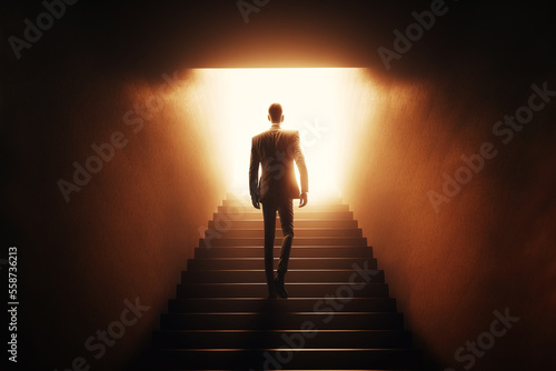 Businessman climbed on top of the stairs going to the city, Ambitions concept and Success business, EGnerative AI illustration © IBEX.Media