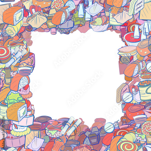 Background pattern abstract design texture. Japanese food and Snacks. Border frame, transparent background. Theme is about chopsticks, sweet, food delivery, soy sauce, loaf, cake, caramel