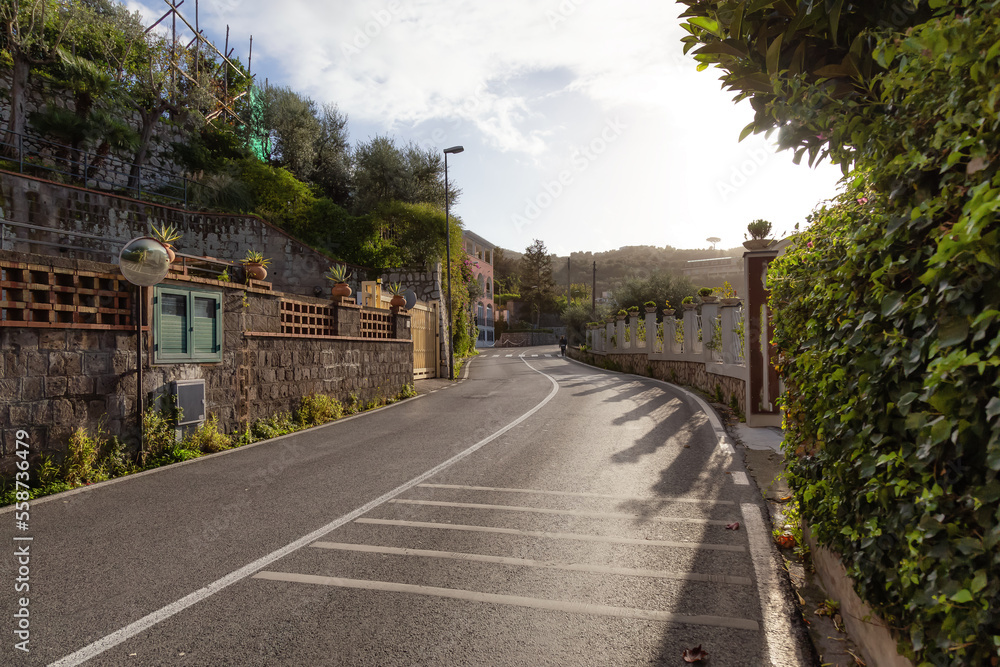 Streets in a touristic town, Sorrento, Italy. Cloudy Sunny Sky
