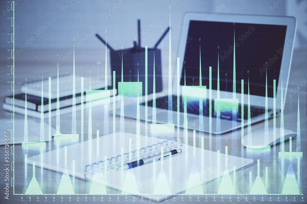 Stock market graph on background with desk and personal computer. Double exposure. Concept of financial analysis. Stock market graph on background with desk and personal computer. Double exposure. Concept of financial analysis.
