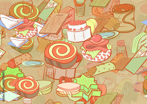 Background pattern abstract design texture. Seamless. Snacks and Table setting. Theme is about dough, sandwich, six-pointed, caramel, napkin, container, rice, bacon, cutting board, stuffed cabbage