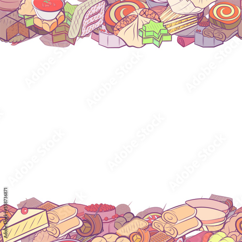 Background pattern abstract design texture. Bakery products and Snacks. Horizontal seamless stripes. Border frame, transparent background. Theme is about saturated with filling, borscht