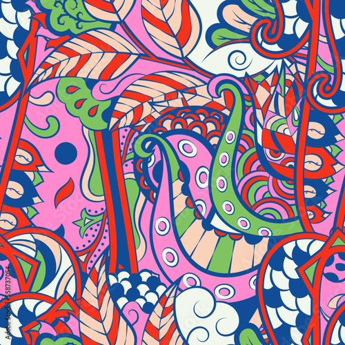 Tracery seamless pattern. Mehndi design. 6 colors. Ethnic doodle texture. Curved doodling background. Vector