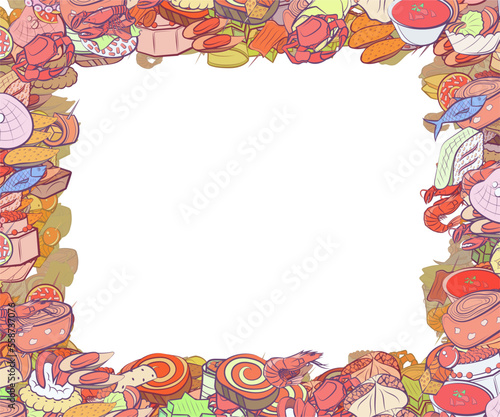 Background pattern abstract design texture. Seafood and Snacks. Border frame, transparent background. Theme is about caramel, yummy, shell, mini cake, cheese, topping, twisted filling