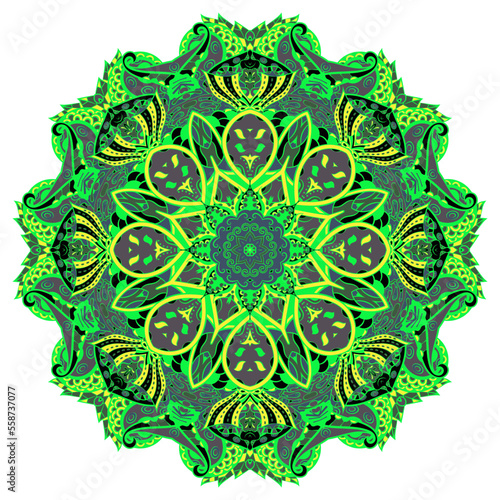 Mandala. Tracery wheel image. Mehndi design. Dark toxic colors. Ethnic doodle art. Curved doodling picture. Vector