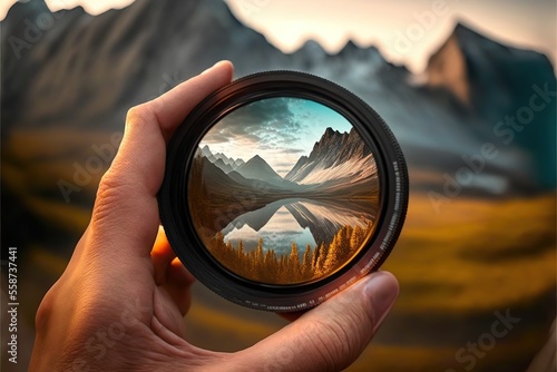 Photographer hand holds a protective filter from the lens, against the backdrop of a beautiful mountain landscape, created with Generative AI technology.  photo