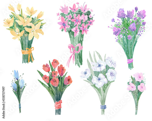 Set of spring watercolor bouquets. Red tulips  daffodils  roses  wildflowers  lilies. Flowers for woman. Floral design elements isolated on white background