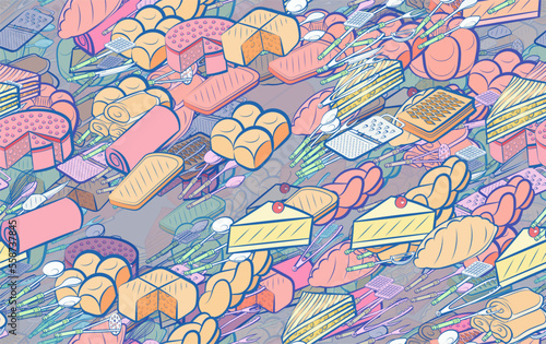 Background pattern abstract design texture. Seamless. Cutlery and Bakery products. Theme is about two-layer, baklava, kitchen knife, ladle, knife, pancakes, molded, spicy, meat fork, strudel