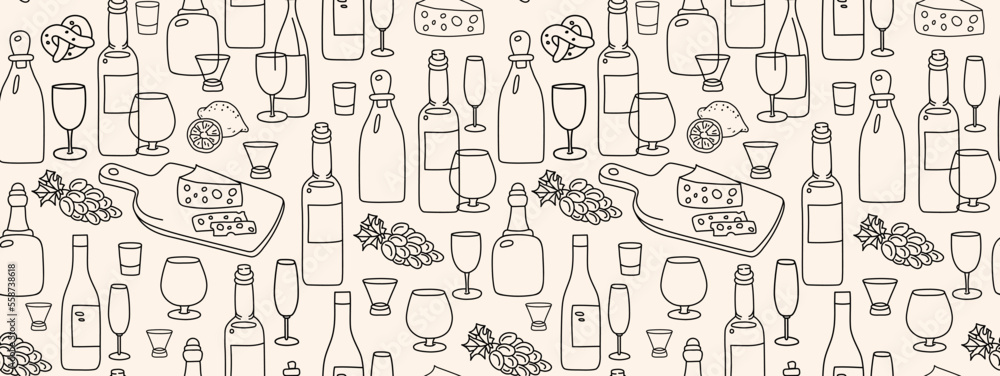 Seamless pattern with alcoholic bottles and wine glasses Seamless pattern with alcoholic bottles and wine glasses
