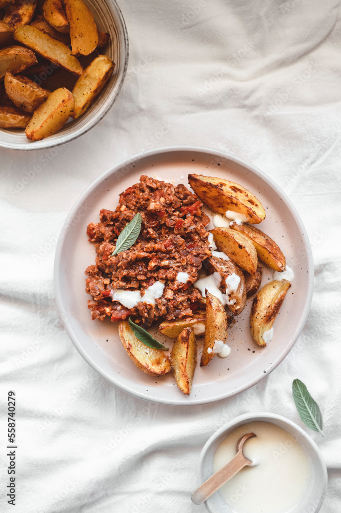 Vegan Bolognese plate with baked potatoes, yoghurt and sage in a light table