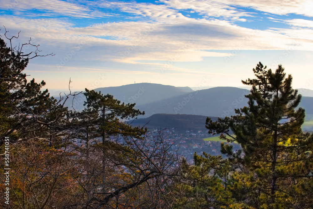 Landscape in Pilis, Hungary with mountains and fiels in the background