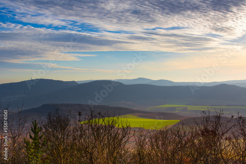 Landscape in Pilis, Hungary with mountains and fiels in the background