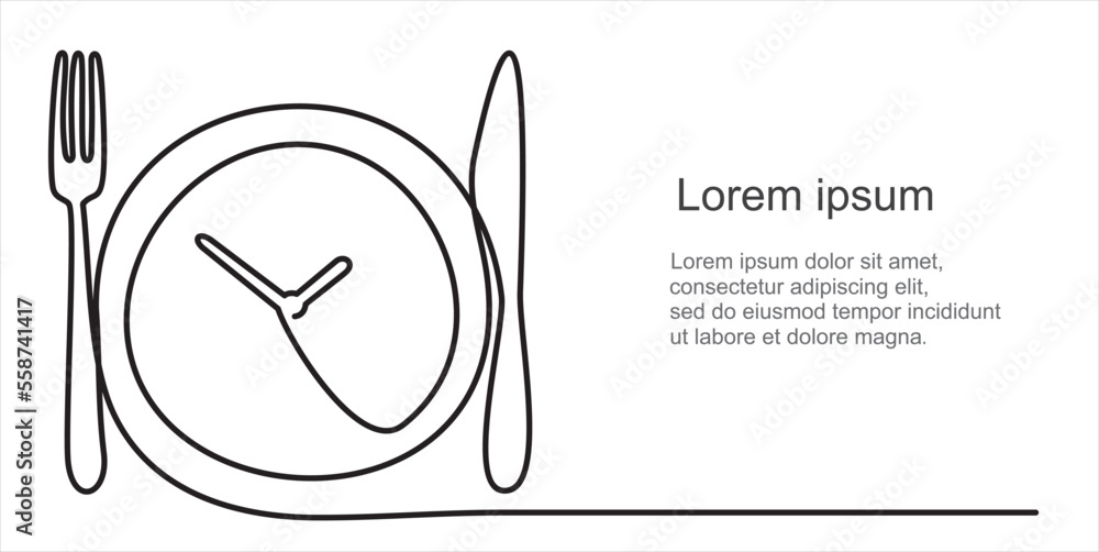 Dinner time, clock. One Line Drawing of Plate, fork, knife . Food