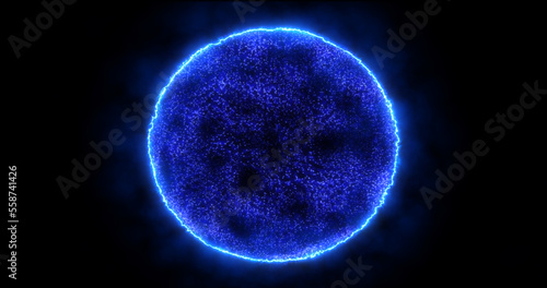 Abstract energy sphere round planet star futuristic cosmic blue beautiful glowing magic on black background. Abstract background