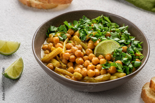 The dish of chickpeas and asparagus beans. photo