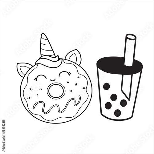 kawai icon food item with coloring page for kids