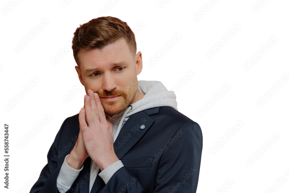 Worried young man wearing stylish casual clothes keeping hands in praying gesture on pink background, guy with hopeless face expression asking for help or making hard decision Worried young man wearing stylish casual clothes keeping hands in praying gesture on pink background, guy with hopeless face expression asking for help or making hard decision