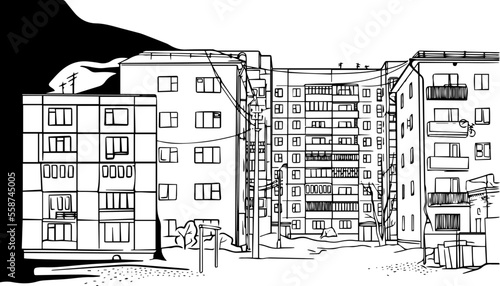 Vector illustration sketch Russian city urban street view with soviet buildings