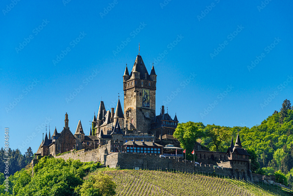 Cochem, Germany, beautiful historical town on romantic Moselle river, city view with Reichsburg castle
