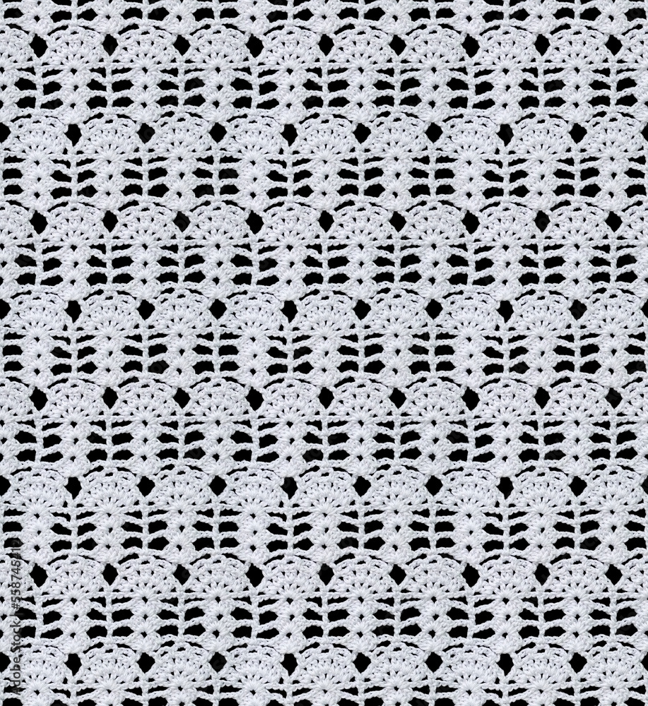 Snow white seamless knitted texture. Beautiful lace with a floral pattern is crocheted. Cotton yarn. Guipure on a black background.