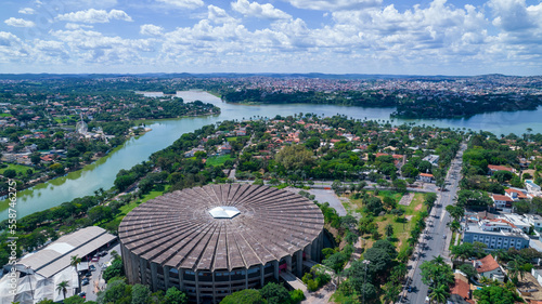 Aerial view of the Mineirão football stadium, Mineirinho with the Pampulha lagoon in the background, Belo Horizonte, Brazil