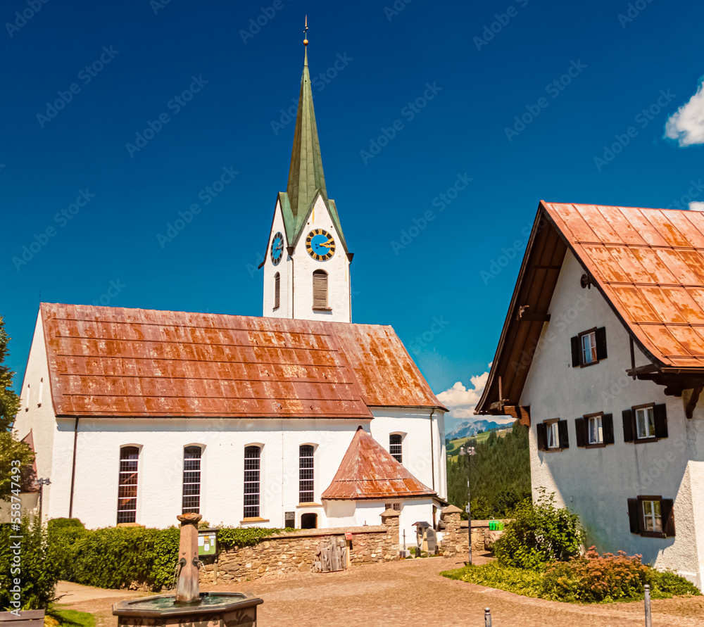 Beautiful church at the famous Kleinwalsertal valley, Hirschegg, Vorarlberg, Austria