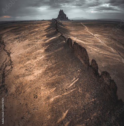 Aerial view of Ship Rock, an Iconic and religiously significant Navajo Nation monadnock, San Juan County, New Mexico, United States. photo