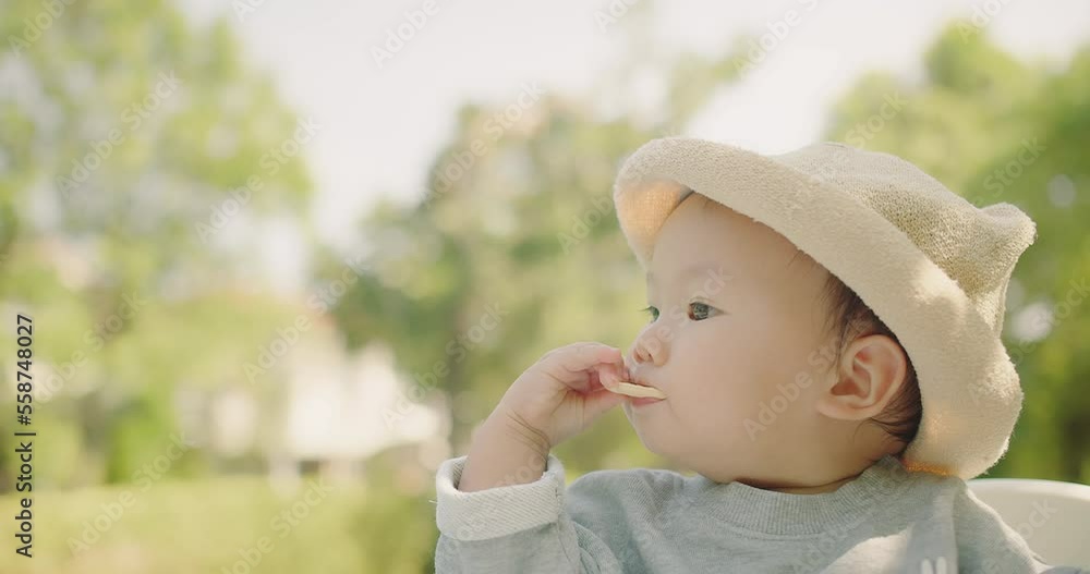 Portrait little cute adorable Asian baby toddler girl in hat having good time sitting at the park eating biscuit and looking at green nature plant tree outdoor in vacation holiday summertime Portrait little cute adorable Asian baby toddler girl in hat having good time sitting at the park eating biscuit and looking at green nature plant tree outdoor in vacation holiday summertime
