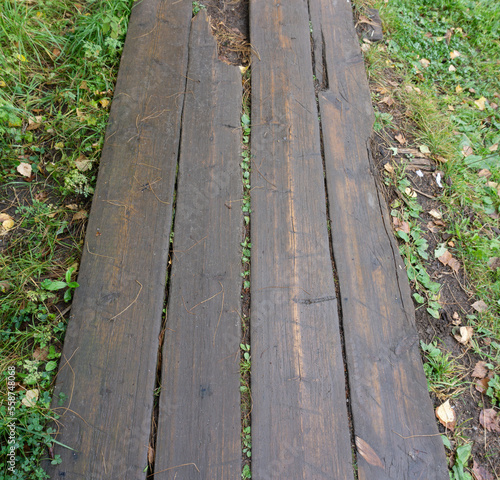 Rustic wooden walkways among green grass. Background of wooden walkways, close up