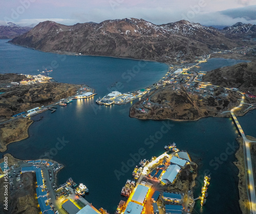 Aerial view of Dutch Harbour at sunset on Amaknak Island in Unalaska Bay, Alaska, United States. photo